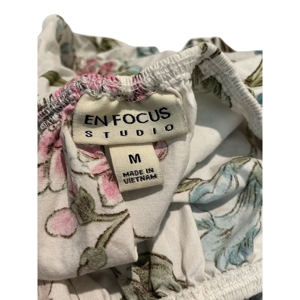 Floral Blouse Women Large Cream Pink Blue Puff Sleeve Crop Top - Picture 7 of 8